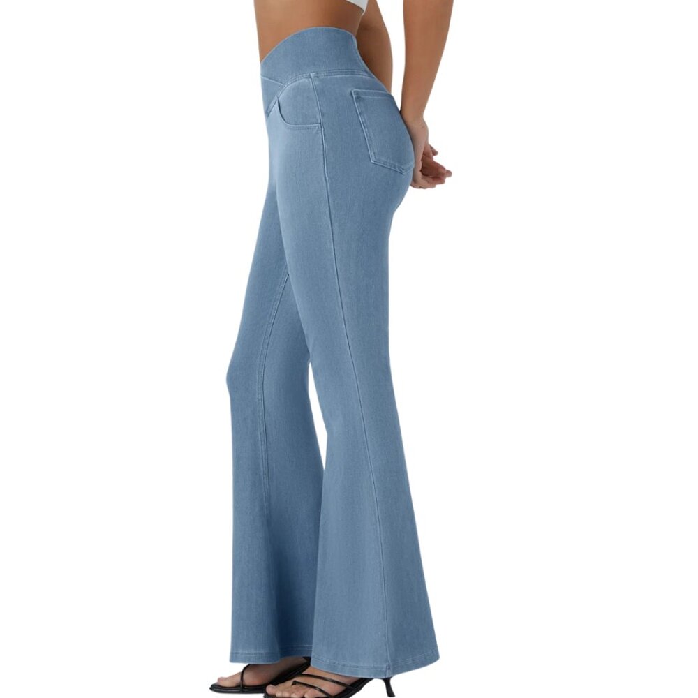 HALARA Magic Denim High Waist Crossover Flare Jeans Light Wash XL NWOT - Picture 2 of 13